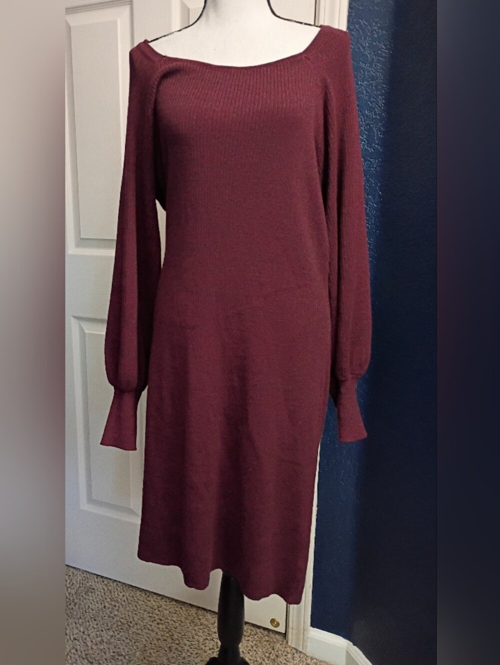Nine West Burgundy Ribbed Knit Long-Sleeve Dress